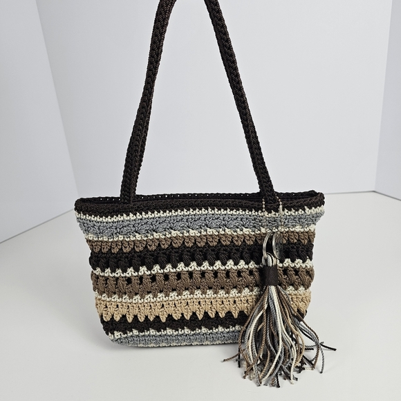 The Sak Handbags - The Sak Crochet Shoulder Bag Brown Tan Gray Striped Tote Purse Tassel Boho